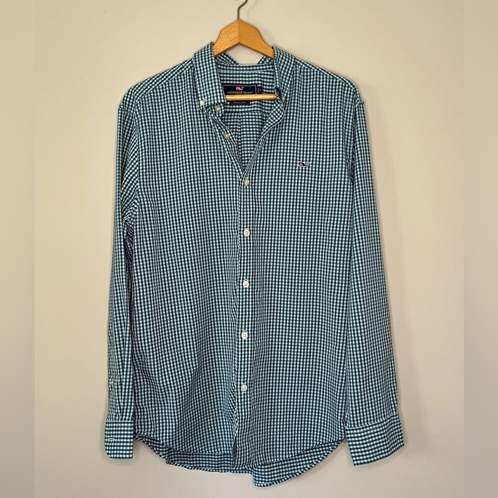 Men’s Vineyard Vines Long Sleeve Whale Shirt Blue Gingham Shirt Size Large
